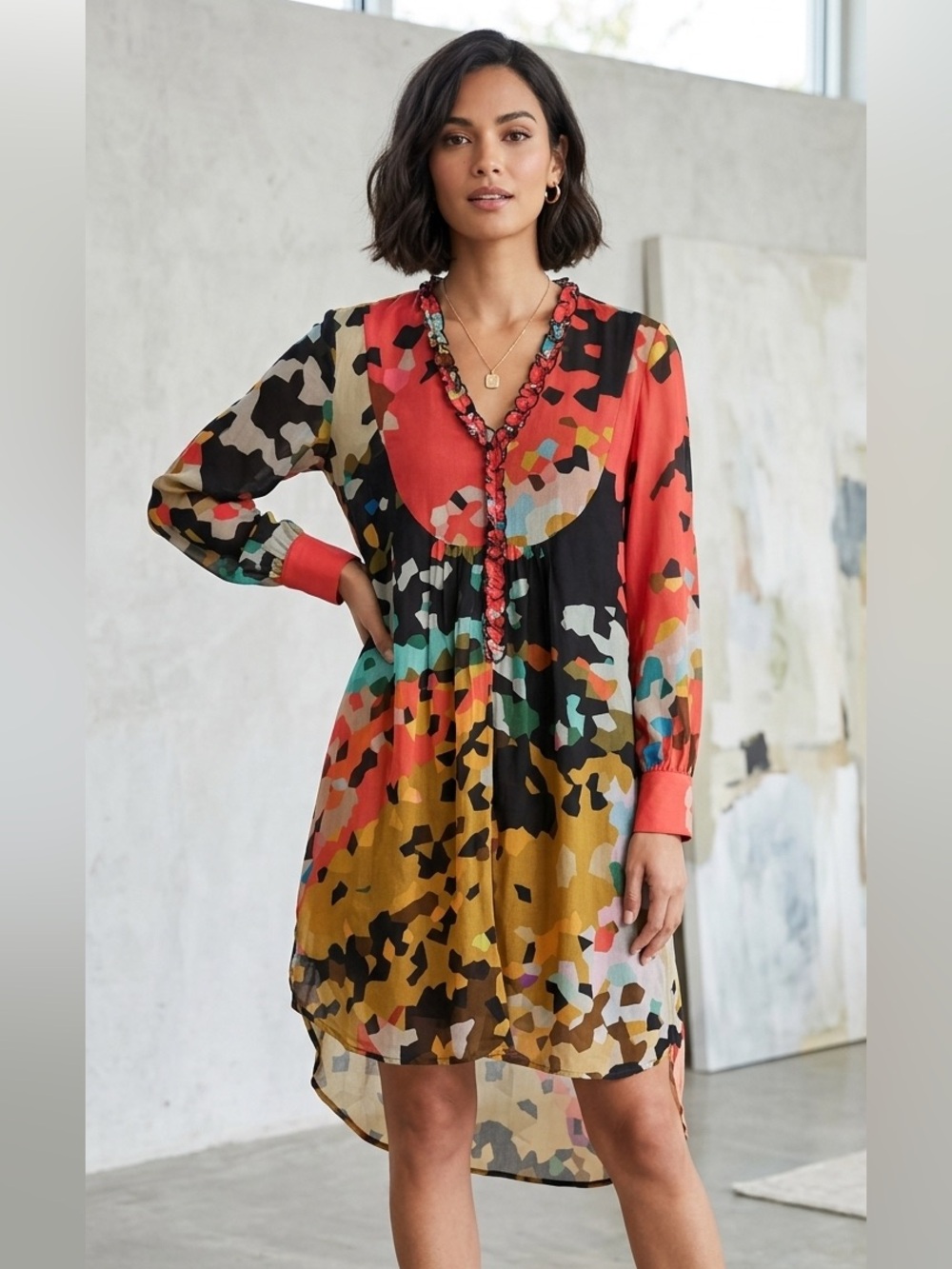 Blank London Sheer Orange Navy Geometric Ruffle High-Low Anthropologie Dress XSP